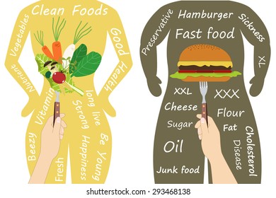 Fat human with fast food. Slim human with healthy food. Junk food and vegetables. Vector illustration
