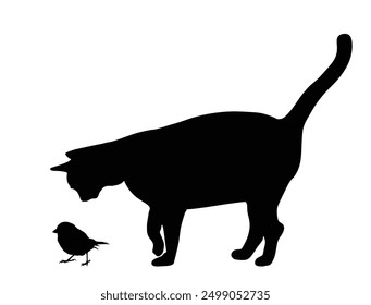 Fat hungry cat is chasing bird vector silhouette illustration isolated. Cat lurking to eat sparrow. Feline hunter hunting prey. Cat catch little bird for dinner. Domestic farm predator. Home pet  hunt