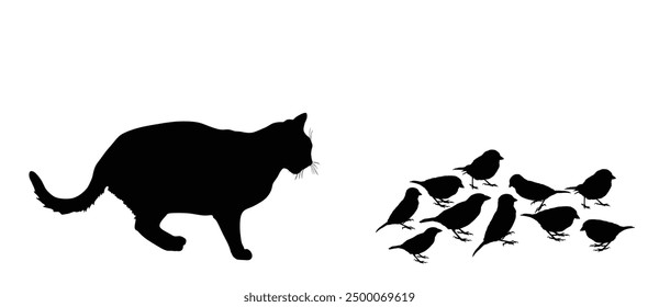 Fett hungrig Katze jagt Herde von Vögeln Vektor Silhouette Illustration einzeln. Katze lauert, um Sperling zu essen. Katzenjäger jagt Beute. Katze schnappt sich zum Abendessen einen Vogel. Raubtier auf dem Bauernhof. Heimtierjagd.