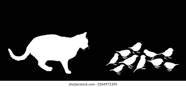 Fett hungrig Katze jagt Herde von Vögeln Vektor Silhouette Illustration einzeln. Katze lauert, um Sperling zu essen. Katzenjäger jagt Beute. Katze schnappt sich zum Abendessen einen Vogel. Raubtier auf dem Bauernhof. Heimtierjagd.