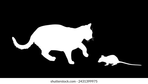 El gato hambriento gordo está persiguiendo la ilustración de silueta vectorial del ratón aislado sobre fondo negro. Gato come símbolo de rata. Cazador felino cazando presas. 