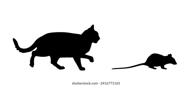 Fat hungry cat chasing rat mouse vector silhouette illustration isolated on white background. Cat eat rat shape. Feline hunter hunting mouse prey. 