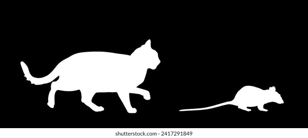 Fat hungry cat chasing rat mouse vector silhouette illustration isolated on black background. Cat eat rat shape. Feline hunter hunting mouse prey. 