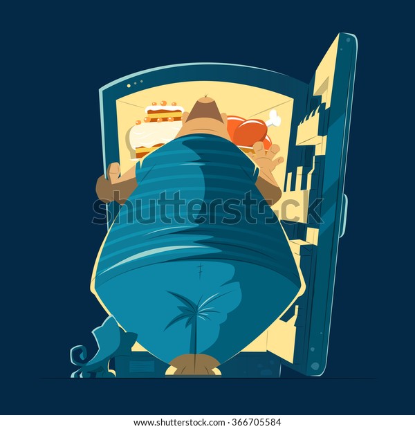 太ったお腹が空いた男と開いた夜の冷蔵庫 色のベクター画像イラスト のベクター画像素材 ロイヤリティフリー
