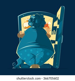 Fat hungry woman and open night fridge. Diet color vector concept creative idea stock illustration. Isolated.