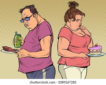 Fat husband and wife with food, overeating. Problems with excess weight and obesity. Pop Art Retro Illustration Kitsch Vintage 50s 60s Style