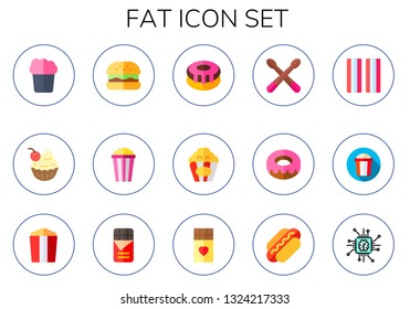 fat icon set. 15 flat fat icons.  Simple modern icons about  - popcorn, cupcake, hamburguer, donut, drumsticks, Donut, bacon, chocolate, hot dog, chip