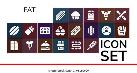 fat icon set. 19 filled fat icons.  Collection Of - Hot dog, Chocolate, Sausage, Burger, Sausages, Cupcake, Donut, French fries, Drumsticks