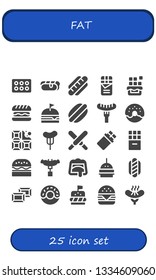 fat icon set. 25 filled fat icons.  Collection Of - Cupcake, Hot dog, Chocolate, Hamburger, Burger, Sausage, Donut