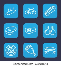 Fat icon. set of 9 outline fat icons such as sausage, beef, bacon, meat, bicycle