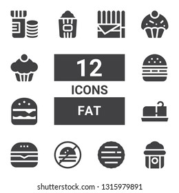 fat icon set. Collection of 12 filled fat icons included Popcorn, Hamburger, No fast food, Burger, Butter, Cupcake, Vitamins, Chocolate