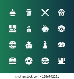 fat icon set. Collection of 16 filled fat icons included Chocolate, Donut, Burger, Oil bottle, Cupcake, Popcorn, Drumsticks