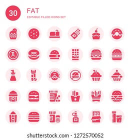 fat icon set. Collection of 30 filled fat icons included Cupcake, Donut, Butter, Chocolate, Burger, Hamburger, Oil bottle, Vitamins, Paramount, No fast food, Popcorn, French fries