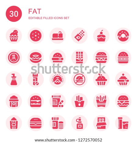 fat icon set. Collection of 30 filled fat icons included Cupcake, Donut, Butter, Chocolate, Burger, Hamburger, Oil bottle, Vitamins, Paramount, No fast food, Popcorn, French fries