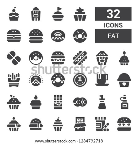fat icon set. Collection of 32 filled fat icons included Hamburger, Vitamins, Chocolate, Cupcake, Burger, Oil bottle, Donut, Paramount, French fries, Popcorn, Hot dog, Vitamin