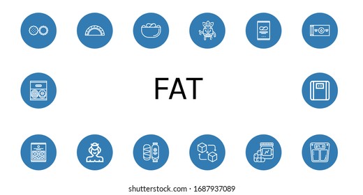 fat icon set. Collection of Chocolate, Cheburek, Crisps, Wrestler, Butter, Sumo, Packet, Vitamins, Bathroom scale, Donut icons