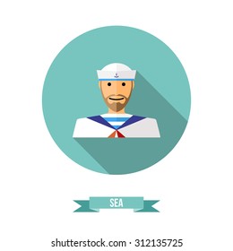 Fat icon with a shadow, sailor with a beard in striped frock. Vector flat sailor icon.  Sailor in naval uniform on round shape background with long shadow.  Vector illustration