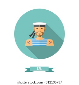Fat icon with a shadow, sailor with a beard in striped frock. Vector flat sailor icon.  Sailor in naval uniform on round shape background with long shadow.  Vector illustration