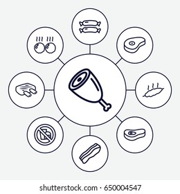 Fat icons set. set of 9 fat outline icons such as sausage, beef, bacon, meat