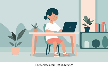 Fat illustration of a child sitting at a desk with a laptop, learning remotely from home. Simple room background 
