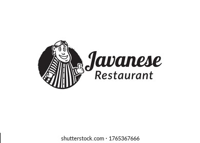 Fat Javanese Man logo design template in black and white isolated on white background.  