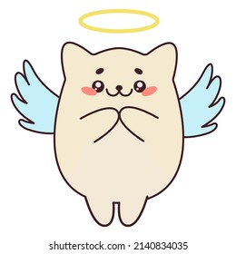 Fat kawaii white cat in the image of an angel. Happy house cat with wings. Vector illustration.