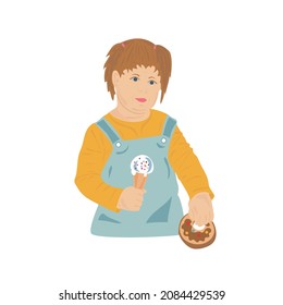 Fat kid. The girl is holding an ice cream and a donut in her hands. Obesity. Improper nutrition. Color drawing in a flat style.