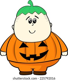 fat kid with pumpkin costume isolated on white background