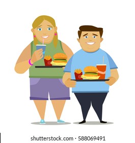 Fat kids, students . Problems with excess weight due to wrong diet. Fast food obesity. Vector illustration of flat design.