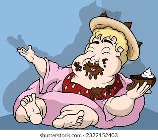 Fat King of Sweets in a Pink Clothes with a Cake in his Hand - Colored Cartoon Illustration with Background, Vector
