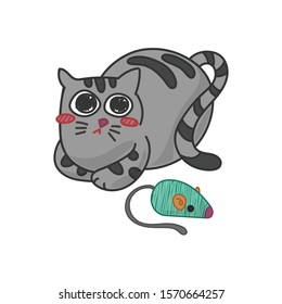 Fat kitty cat with cat toy vector illustration isolated on white background. 