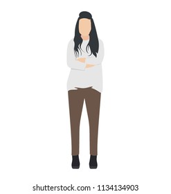 
Fat lady in casual dressing standing with hands folded and hairs untie, this is chubby girl character 
