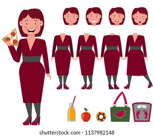 Fat lady in dress eating pizza character set with different poses, emotions, gestures. Part of body, weight scale, bag, donut, apple. Can be used for topics like obesity, eating habit, weight problem