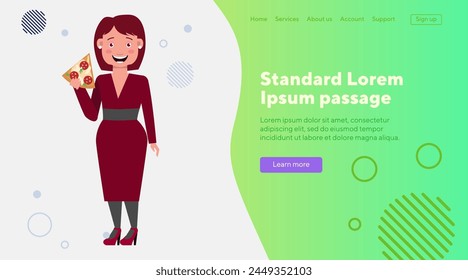 Fat lady in dress eating pizza. Happy woman with slice of pizza having snack. Flat vector illustration. Obesity, eating habit, weight problem concept for web design, banner or landing page