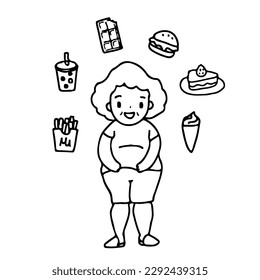 Fat lady love eat food, outline drawing style vector illustration