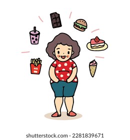 Fat lady love food, Fat Belly, hand drawn vector style