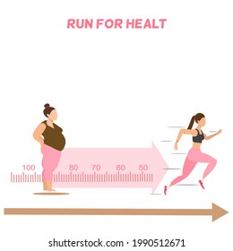 A fat lady standing a slim lady running, run then get better shape, exercise for health, run for life, cardio exercise, pink and brown tone color, good lifestyle, love yourself 