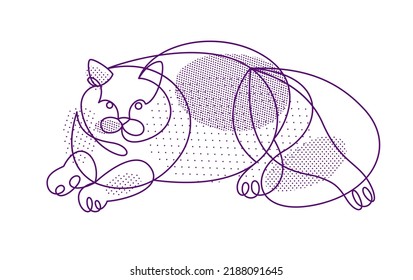 Fat and lazy cat line art vector illustration, linear drawing of pussycat relaxing, minimal outline sketch of cute domestic pet.