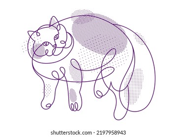 Fat and lazy cat line art vector illustration, linear drawing of pussycat relaxing, minimal outline sketch of cute domestic pet.