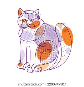 Fat and lazy cat line art vector illustration, linear drawing of pussycat relaxing, minimal outline sketch of cute domestic pet.