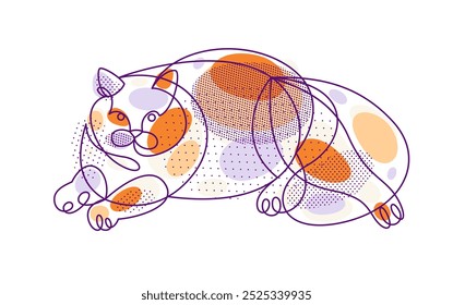 Ilustración vectorial de arte de línea de gato gordo y perezoso, dibujo lineal de pussycat relajante, bosquejo de contorno mínimo de mascota doméstica linda.