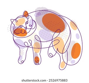 Fat and lazy cat line art vector illustration, linear drawing of pussycat relaxing, minimal outline sketch of cute domestic pet.