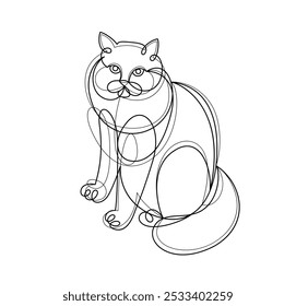 Fat and lazy cat line art vector illustration, linear drawing of pussycat relaxing, minimal outline sketch of cute domestic pet.