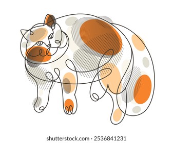 Fat and lazy cat line art vector illustration, linear drawing of pussycat relaxing, minimal outline sketch of cute domestic pet.