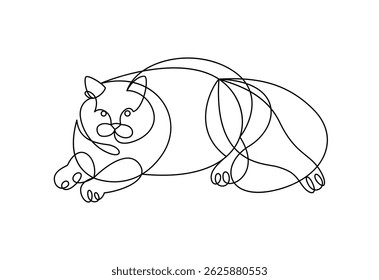 Fat and lazy cat line art vector illustration, linear drawing of pussycat relaxing, minimal outline sketch of cute domestic pet.
