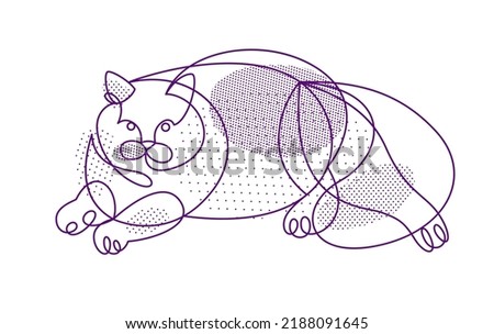 Fat and lazy cat line art vector illustration, linear drawing of pussycat relaxing, minimal outline sketch of cute domestic pet.