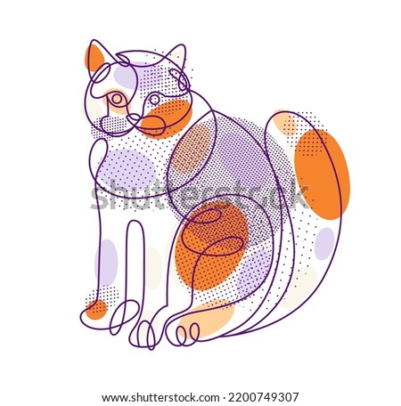 Fat and lazy cat line art vector illustration, linear drawing of pussycat relaxing, minimal outline sketch of cute domestic pet.