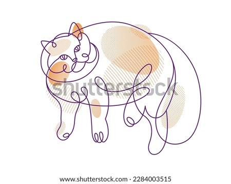 Fat and lazy cat line art vector illustration, linear drawing of pussycat relaxing, minimal outline sketch of cute domestic pet.