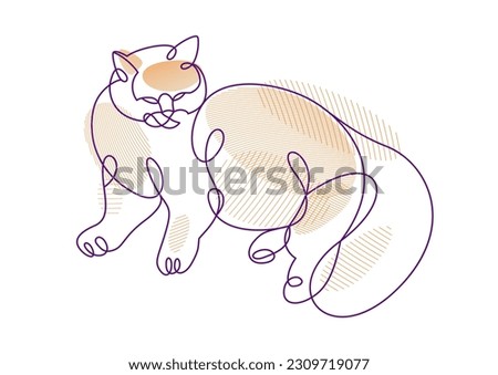 Fat and lazy cat line art vector illustration, linear drawing of pussycat relaxing, minimal outline sketch of cute domestic pet.