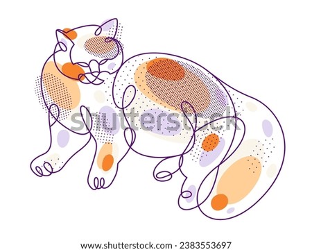 Fat and lazy cat line art vector illustration, linear drawing of pussycat relaxing, minimal outline sketch of cute domestic pet.